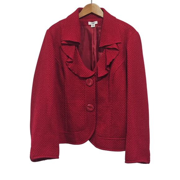 Cato Women Size 2X Red Waffle Weave Ruffle Collared Jacket Lined Professional - Picture 1 of 8